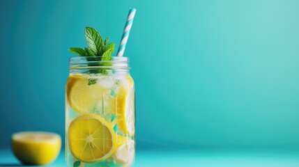 Fototapeta premium Refreshing Lemon and Mint Beverage in a Glass Jar with a Straw
