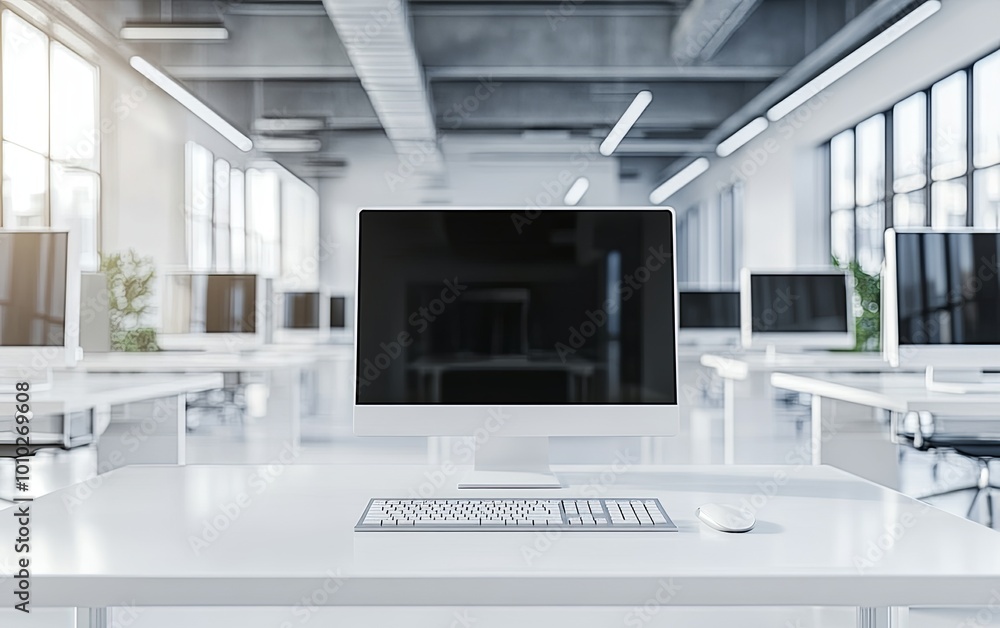 Poster a modern office workspace featuring a desk with a computer and keyboard, emphasizing a clean and pro