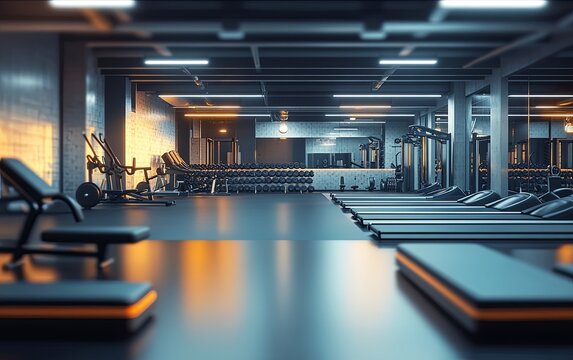 A modern gym interior featuring workout equipment and benches, designed for fitness and exercise activities.
