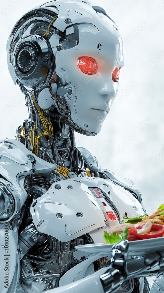 Poster futuristic robot serving food with human-like features in high-tech environment