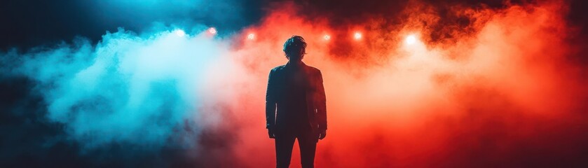 Naklejka premium A mysterious figure stands silhouetted against vibrant smoke and light, creating an atmosphere of intrigue and suspense.