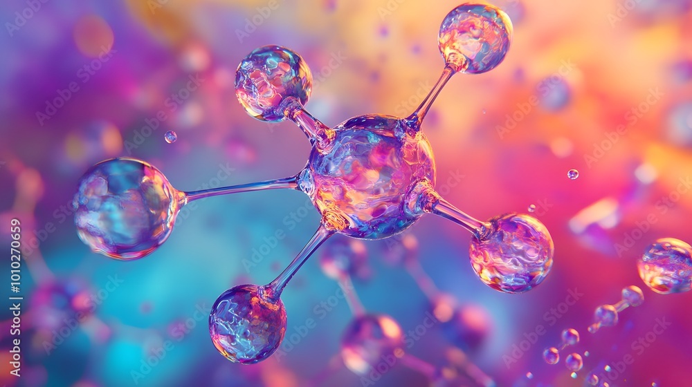 Poster abstract representation of a molecular structure with iridescent spheres connected by thin rods