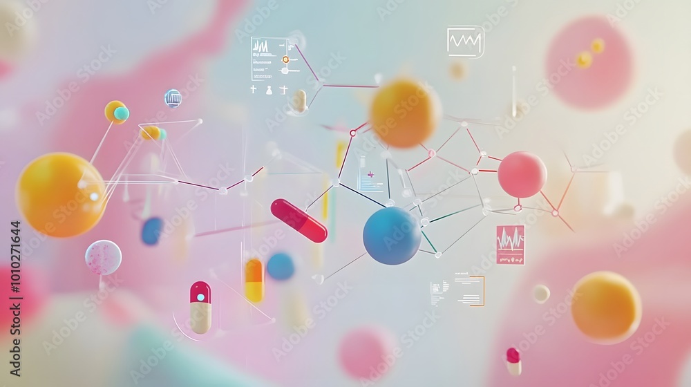 Poster abstract medical network with pills and data visualizations