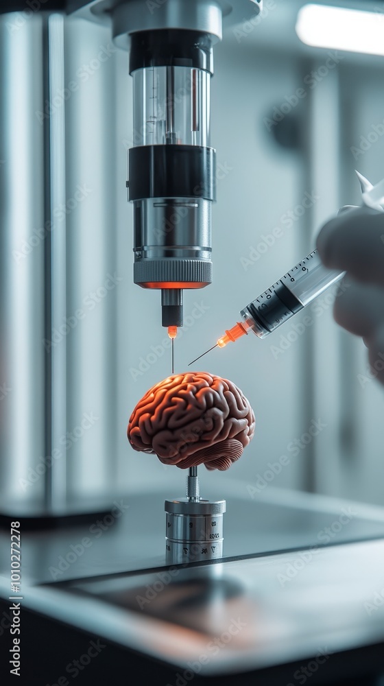 Poster brain research involving syringe injection under microscope in laboratory setting