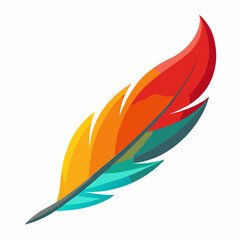 A vibrant, colorful feather with a gradient of red, yellow, and teal hues. The feather is smooth with curved edges, showing light reflections for a glossy effect. It has soft shading and a clean, simp