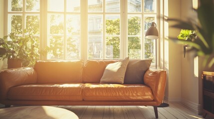 Fototapeta premium Vintage-inspired living room with a leather sofa, beige walls, and clear windows. Warm natural light fills the room, highlighting retro design elements
