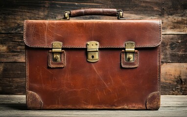 A vintage leather briefcase with brass locks and a worn appearance, resting on a wooden surface.