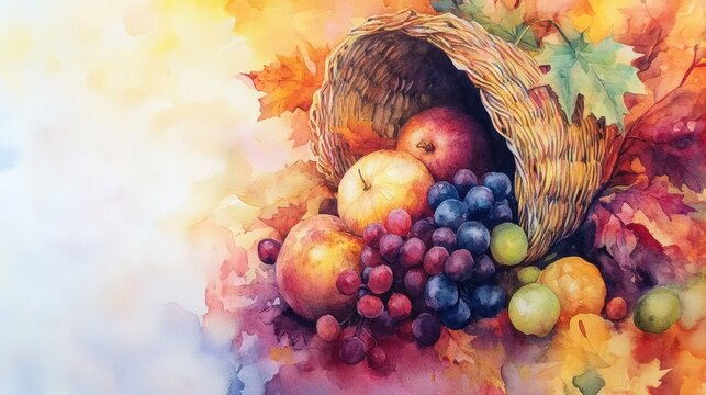 Cornucopia overflowing with vibrant fruits and vegetables soft watercolor art, concept of abundance and prosperity, perfect for seasonal themes autumn, Thanksgiving, and harvest celebration.