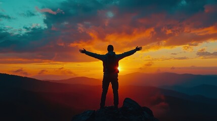 Fototapeta premium Silhouette of a person with arms outstretched towards the sky, standing on a mountain peak at sunrise, symbolizing freedom.