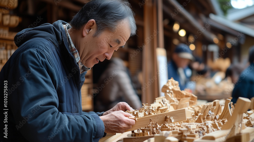 Wall mural Hida Takayama Craft Festival in Japan, local artists carve wood at traditional booths, Takayama's signature wood crafts are displayed in exquisite detail, Ai generated images