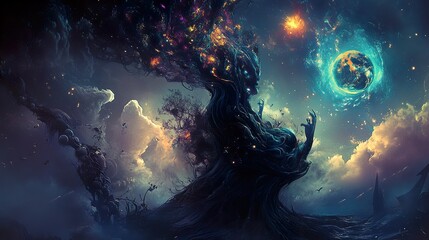 Cosmic Tree Woman: A Surreal Fantasy Artwork