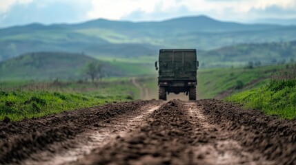 Naklejka premium Truck driving on a muddy road through green hills and cloudy skies.