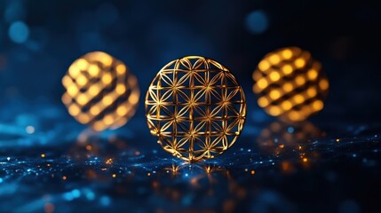 Fototapeta premium Three golden geometric spheres on a dark blue background, glowing with intricate patterns.