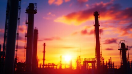 Obraz premium Silhouettes of industrial towers against a vibrant sunset sky.