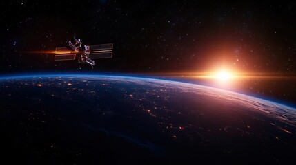 Naklejka premium Satellite orbiting Earth with sunrise in the background, captivating space view.
