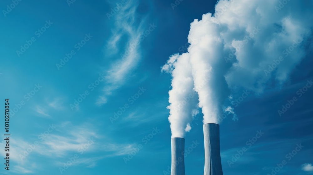 Poster Power plant cooling towers emitting steam against a blue sky.