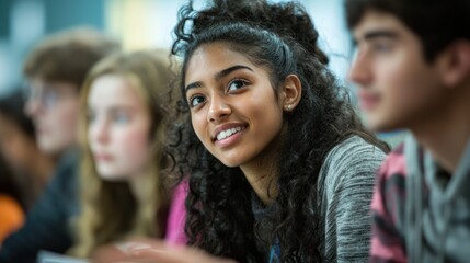 Obraz premium Diverse group of students engaging in a lively discussion in a classroom, symbolizing freedom of thought and expression.