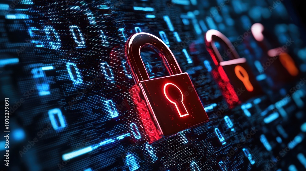 Poster digital lock icon being unlocked on a computer screen, symbolizing freedom in cyberspace.