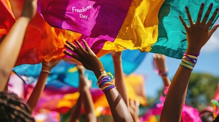 Close-up of hands raising a Juneteenth flag, with vibrant colors and the words "Freedom Day."