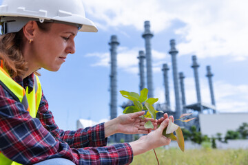 Female environmental engineer examining plant health near an industrial site for sustainability...