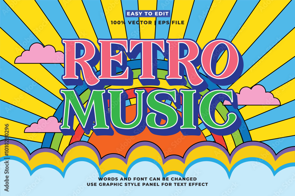 Poster editable retro music text effect 3d cartoon style. editable text effect vintage music template vecto
