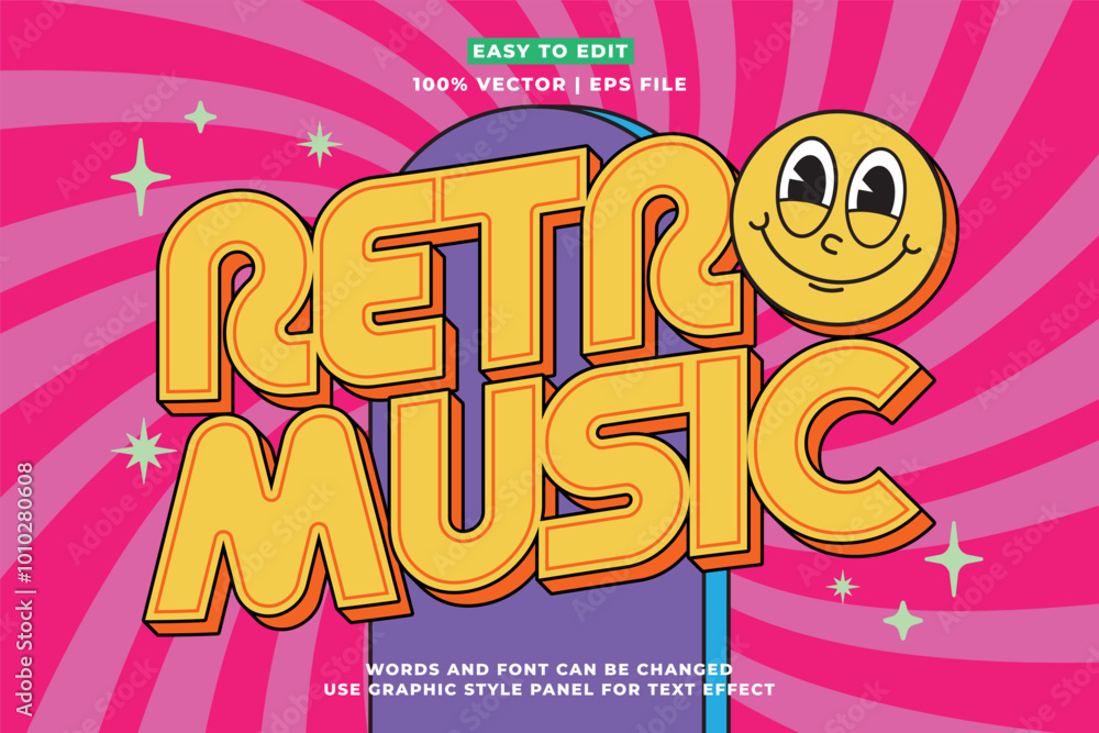 Poster editable retro music text effect 3d cartoon style. editable text effect vintage music template vecto