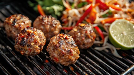 A close-up of sizzling grilled meatballs on the grill, with Thai papaya salad garnished with lime and chili peppers, showcasing a delightful blend of flavors.