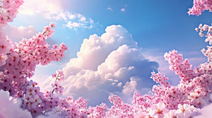 A captivating scene of Wild Himalayan Cherry flowers against a backdrop of fluffy clouds in a blue sky