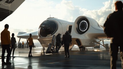 Futuristic Airplane Hangar with People Inspecting Aircraft