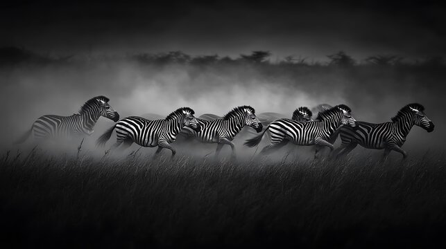 A herd of zebras running through a misty field in black and white.