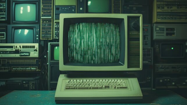 Vintage Computer with Green Screen Display and Keyboard