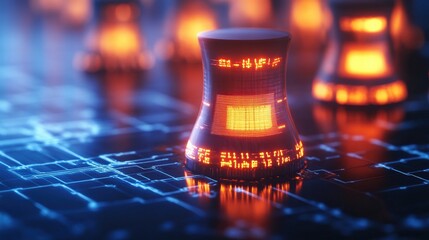 Futuristic representation of nuclear energy with glowing reactor models on digital background.
