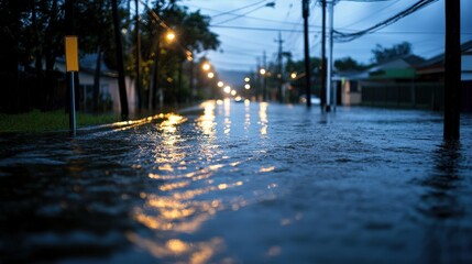 Naklejka premium Flooded street at night with reflections of streetlights on water.