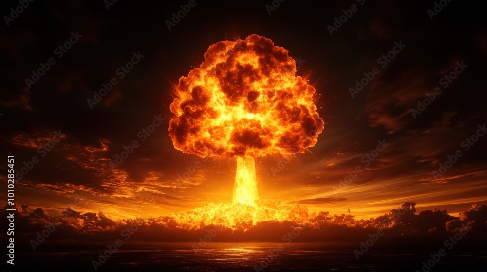 Wall mural Dramatic nuclear explosion cloud, fiery colors against darkened sky.