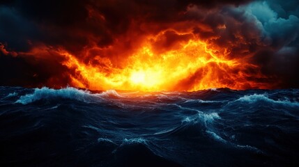 Dramatic sunset over turbulent ocean waves with fiery clouds.