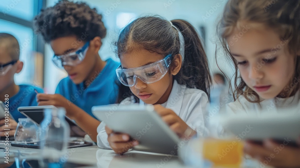 Poster young students using tablets and educational tech tools in a classroom setting, exploring science an