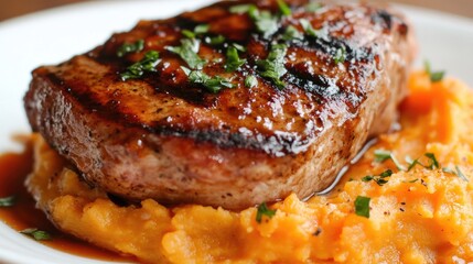 A gourmet dish featuring a juicy grilled pork chop topped with a sweet and tangy apple glaze, served on a bed of mashed sweet potatoes.
