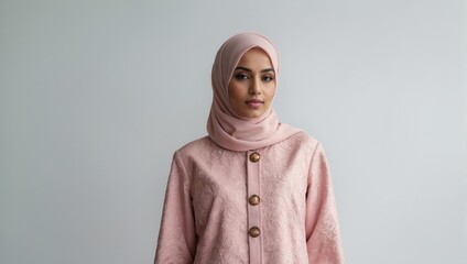 Muslim woman in pink coat and hijab, standing confidently in neutral background
