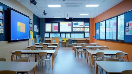Modern Bright Classroom with Desks and Smart Board