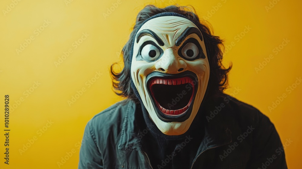 Poster person wearing a mask with a comically exaggerated face, creating a fun and chaotic atmosphere.