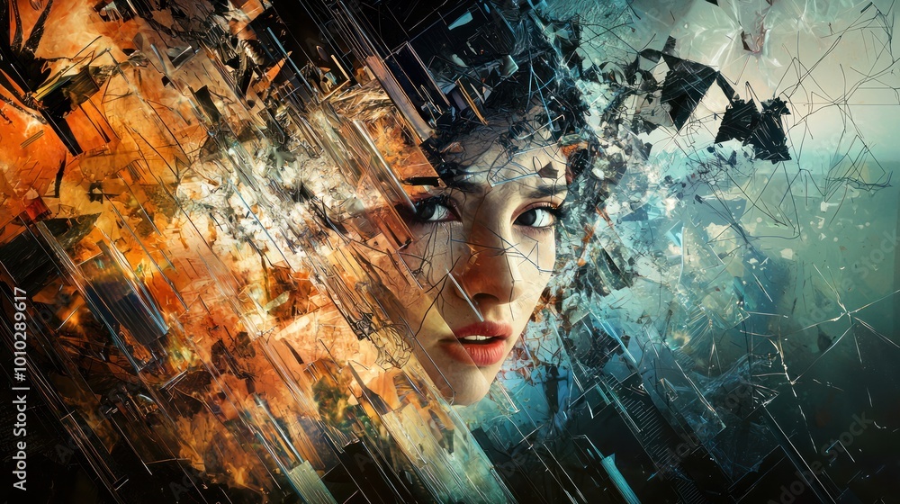 Aufkleber person with a dramatic and intense expression, surrounded by chaotic and abstract background element