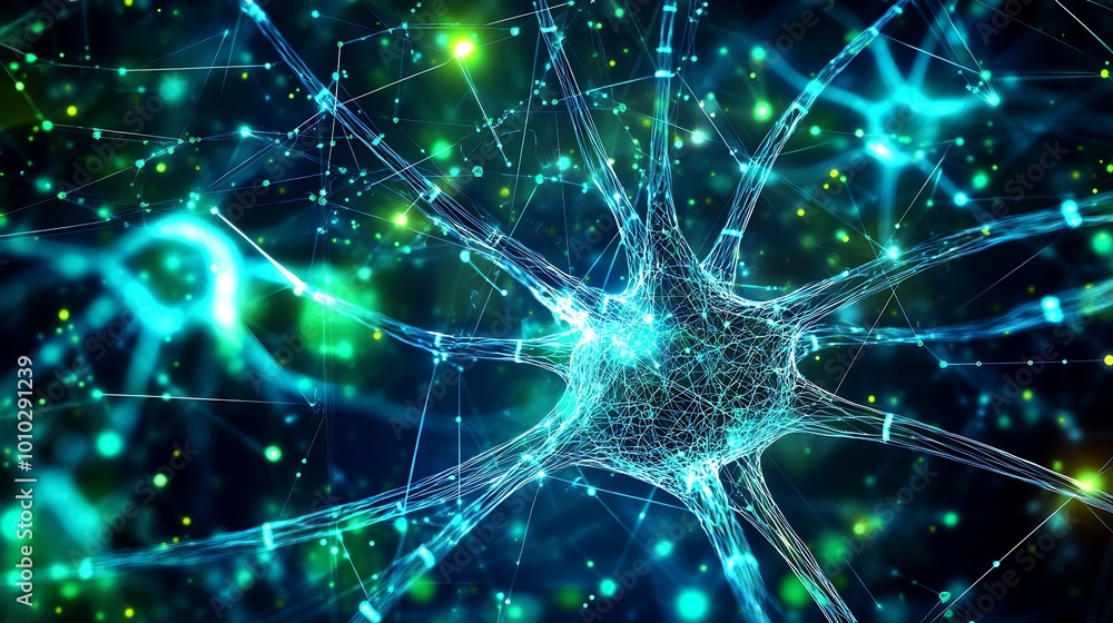 Poster Abstract digital rendering of a neuron with glowing connections on a dark blue background.