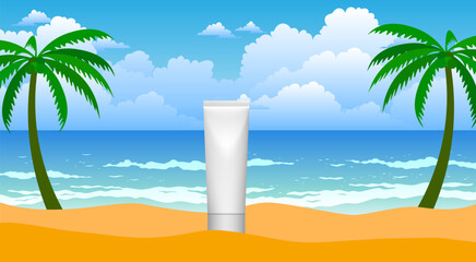 white sunscreen tube on sand at the beach
