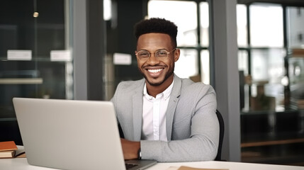 Fototapeta premium Portrait of a smiling young African American businessman sitting at a desk in an office, using a laptop. 
