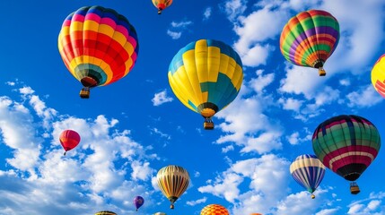 Fototapeta premium Colorful hot air balloons flying in a bright blue sky with white clouds.