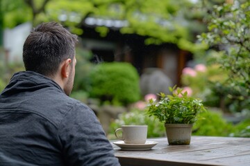 Man enjoying a cup of herbal tea in a peaceful garden. He is fully present in the moment