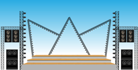 wooden stage and speaker with spotlights on the truss system on the white background	