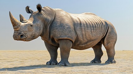 Fototapeta premium A white rhinoceros stands in a savanna.
