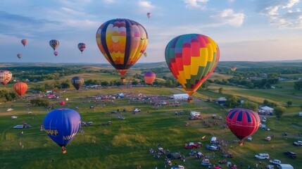 Naklejka premium Colorful hot air balloons rise over a field with spectators watching.