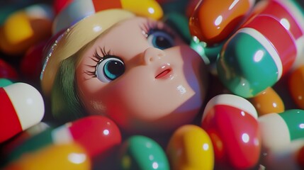 Doll Head Surrounded by Colorful Pills: A Surreal Still Life